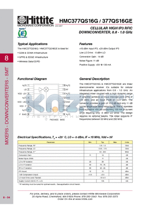 HMC377QS16G datasheet - CELLULAR HIGH IP3 RFIC DOWNCONVERTER, 0.8 - 1.0 GHz