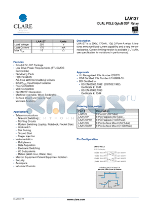 LAA127 datasheet - DUAL POLE OptoMOS Relay