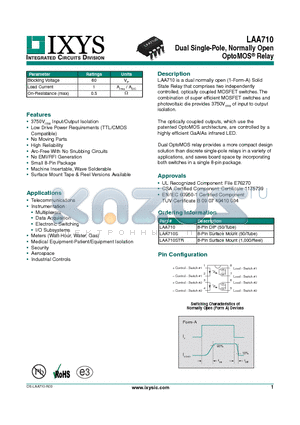 LAA710S datasheet - Dual Single-Pole, Normally Open OptoMOS Relay