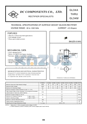 GL34 datasheet - TECHNICAL SPECIFICATIONS OF SURFACE MOUNT SILICON RECTIFIER