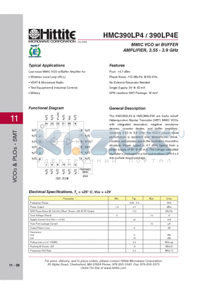 HMC390LP4 datasheet - MMIC VCO w/ BUFFER AMPLIFIER, 3.55 - 3.9 GHz