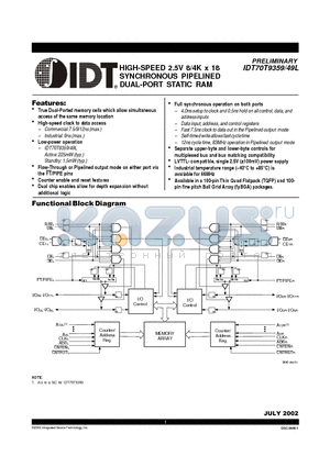 IDT70T9359L7PFI datasheet - HIGH-SPEED 2.5V 8/4K x 18 SYNCHRONOUS PIPELINED DUAL-PORT STATIC RAM