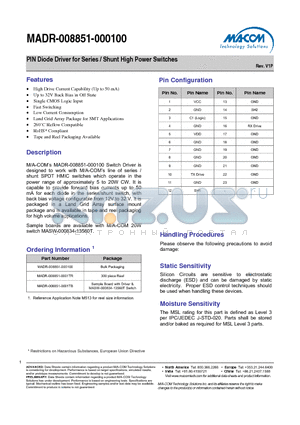 MADR-008851-0001TB datasheet - PIN Diode Driver for Series / Shunt High Power Switches