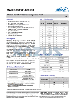 MADR-008888-0001TR datasheet - PIN Diode Driver for Series / Series High Power Switch