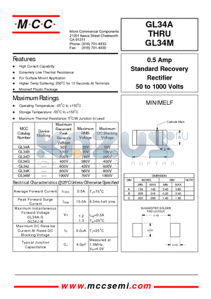 GL34B datasheet - 0.5 Amp Standard Recovery Rectifier 50 to 1000 Volts