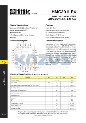 HMC391LP4 datasheet - MMIC VCO w/ BUFFER AMPLIFIER, 3.9 - 4.45 GHz