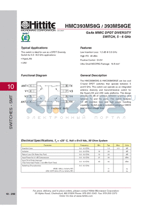 HMC393MS8G_08 datasheet - GaAs MMIC DPDT DIVERSITY SWITCH, 5 - 6 GHz