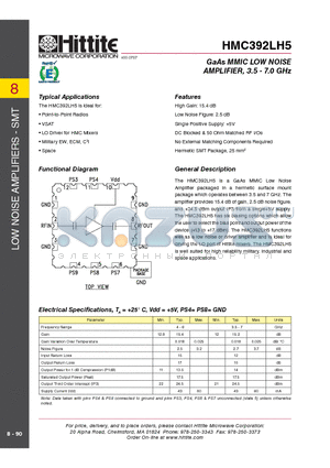 HMC392LH5 datasheet - GaAs MMIC LOW NOISE AMPLIFIER, 3.5 - 7.0 GHz
