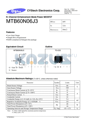 MTB60N06J3 datasheet - N -Channel Enhancement Mode Power MOSFET