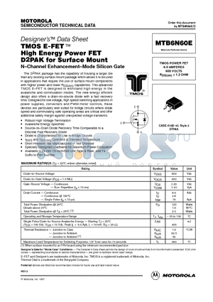 MTB6N60E datasheet - TMOS POWER FET 6.0 AMPERES 600 VOLTS