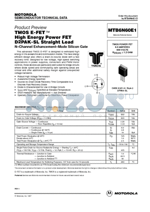 MTB6N60E1 datasheet - TMOS POWER FET 6.0 AMPERES 600 VOLTS