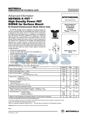 MTB75N03HDL datasheet - TMOS POWER FET LOGIC LEVEL 75 AMPERES 25 VOLTS