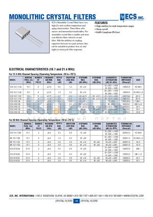 ECS-21K30C datasheet - MONOLITHIC CRYSTAL FILTERS