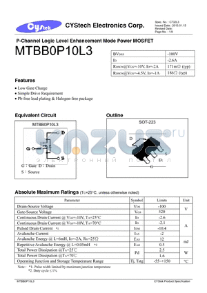 MTBB0P10L3 datasheet - P-Channel Logic Level Enhancement Mode Power MOSFET