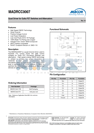 MADRCC0007TR datasheet - Quad Driver for GaAs FET Switches and Attenuators