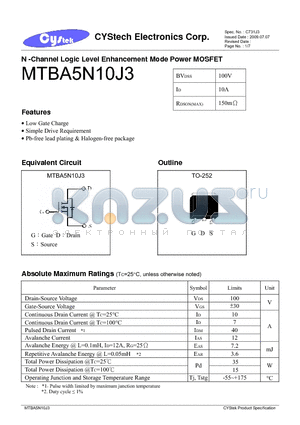 MTBA5N10J3 datasheet - N -Channel Logic Level Enhancement Mode Power MOSFET