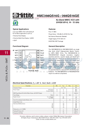 HMC398QS16G_08 datasheet - Ku-Band MMIC VCO with DIVIDE-BY-8, 14 - 15 GHz