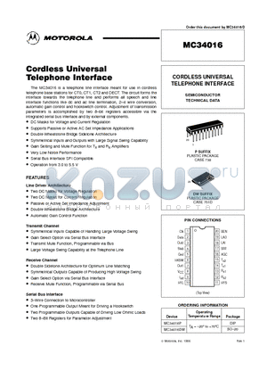 MC34016DW datasheet - Cordless Universal Telephone Interface