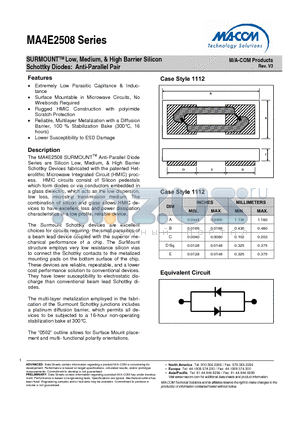 MADS-002508-1112HT datasheet - SURMOUNTTM Low, Medium, & High Barrier Silicon Schottky Diodes: Anti-Parallel Pair