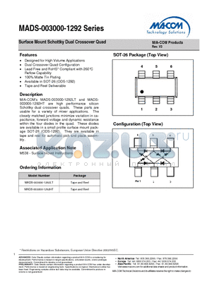 MADS-003000-1292HT datasheet - Surface Mount Schottky Dual Crossover Quad