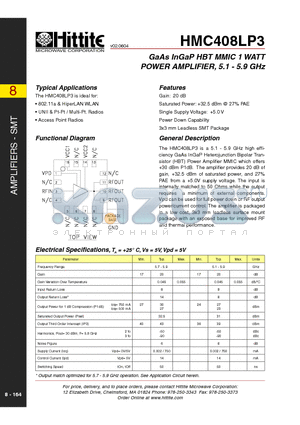 HMC408LP3 datasheet - GaAs InGaP HBT MMIC 1 WATT POWER AMPLIFIER, 5.1 - 5.9 GHz