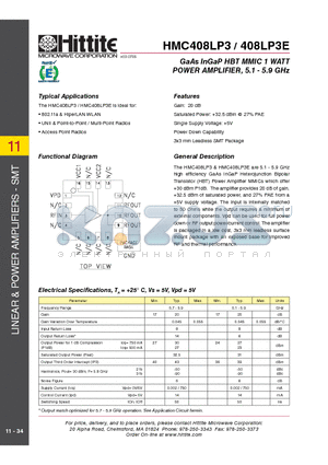 HMC408LP3E datasheet - GaAs InGaP HBT MMIC 1 WATT POWER AMPLIFIER, 5.1 - 5.9 GHz