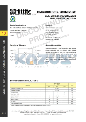 HMC410MS8G_10 datasheet - GaAs MMIC DOUBLE-BALANCED HIGH IP3 MIXER, 9 - 15 GHz