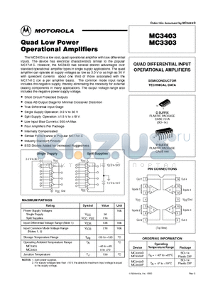 MC3403P datasheet - QUAD DIFFERENTIAL INPUT OPERATIONAL AMPLIFIERS