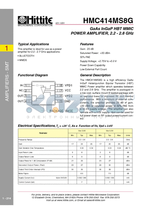 HMC414MS8G_01 datasheet - GaAs InGaP HBT MMIC POWER AMPLIFIER, 2.2 - 2.8 GHz