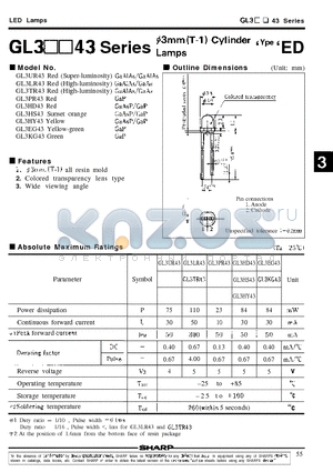 GL3UR43 datasheet - 3mmT-1, CylinderThin Type, Colored Transparency, Highluminosity LED Lamps for Backlight