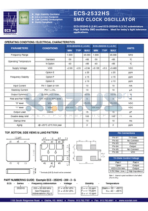 ECS-2532HS-200-2-G-N datasheet - SMD CLOCK OSCILLATOR