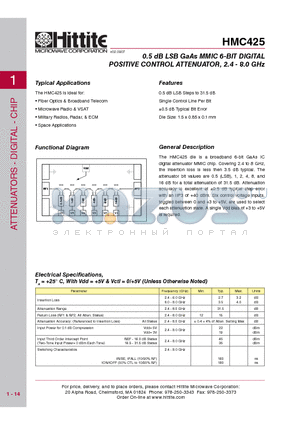 HMC425_09 datasheet - 0.5 dB LSB GaAs MMIC 6-BIT DIGITAL POSITIVE CONTROL ATTENUATOR, 2.4 - 8.0 GHz