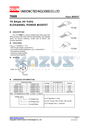 70N06T-TF3-L datasheet - 70 Amps, 60 Volts N-CHANNEL POWER MOSFET