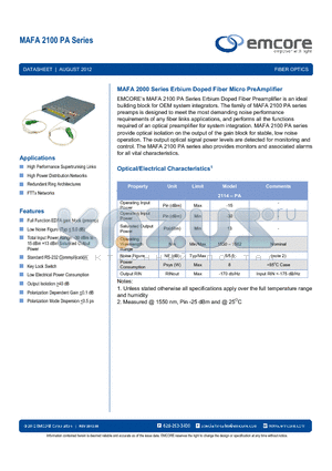 MAFA-2100-PA datasheet - Erbium Doped Fiber Micro PreAmplifier