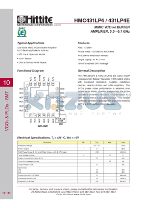 HMC431LP4_06 datasheet - MMIC VCO w/ BUFFER AMPLIFIER, 5.5 - 6.1 GHz