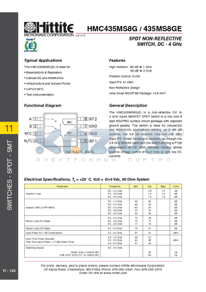 HMC435MS8GE datasheet - SPDT NON-REFLECTIVE SWITCH, DC - 4 GHz