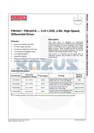 FIN1027M datasheet - 3.3V LVDS, 2-Bit, High-Speed, Differential Driver