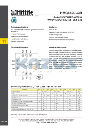 HMC442LC3B datasheet - GaAs PHEMT MMIC MEDIUM POWER AMPLIFIER, 17.5 - 25.5 GHz