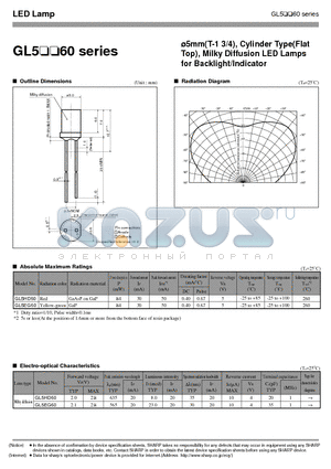 GL5HD60 datasheet - 5mm(T-1 3/4), Cylinder Type(Flat Top), Milky Diffusion LED Lamps for Backlight/Indicator