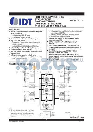 70V7519S166BC datasheet - HIGH-SPEED 3.3V 256K x 36 SYNCHRONOUS BANK-SWITCHABLE DUAL-PORT STATIC RAM WITH 3.3V OR 2.5V INTERFACE