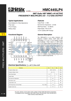 HMC445LP4 datasheet - SMT GaAs HBT MMIC x16 ACTIVE FREQUENCY MULTIPLIER, 9.9 - 11.0 GHz OUTPUT