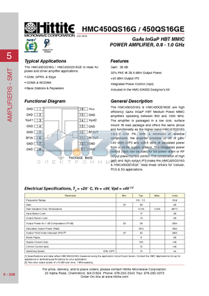 HMC450QS16G datasheet - GaAs InGaP HBT MMIC POWER AMPLIFIER, 0.8 - 1.0 GHz