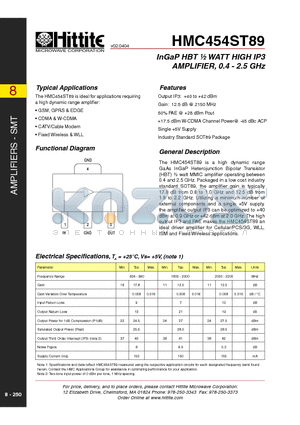 HMC454ST89 datasheet - InGaP HBT 1/2 WATT HIGH IP3 AMPLIFIER, 0.4 - 2.5 GHz