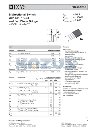 FIO50-12BD datasheet - Bidirectional Switch with NPT3 IGBT and fast Diode Bridge