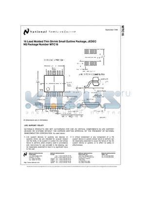 MTC16 datasheet - 16 Lead Molded Thin Shrink Small Outline Package, JEDEC NS Package Number MTC16
