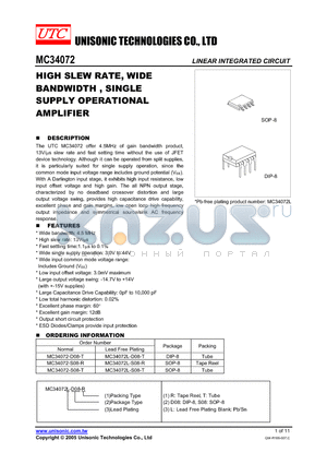 MC34072-S08-R datasheet - HIGH SLEW RATE, WIDE BANDWIDTH , SINGLE SUPPLY OPERATIONAL AMPLIFIER