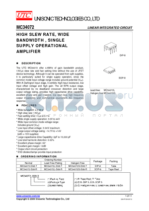 MC34072-S08-R datasheet - HIGH SLEW RATE, WIDE BANDWIDTH , SINGLE SUPPLY OPERATIONAL AMPLIFIER