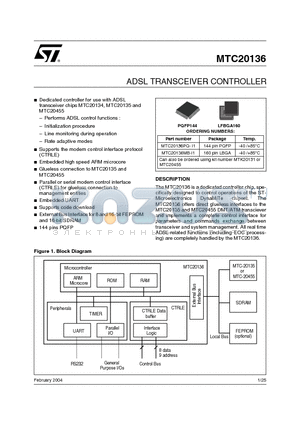 MTC20136 datasheet - ADSL TRANSCEIVER CONTROLLER