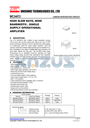 MC34072L-D08-T datasheet - HIGH SLEW RATE, WIDE BANDWIDTH , SINGLE SUPPLY OPERATIONAL AMPLIFIER