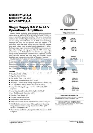 MC34072PG datasheet - Single Supply 3.0 V to 44 V Operational Amplifiers